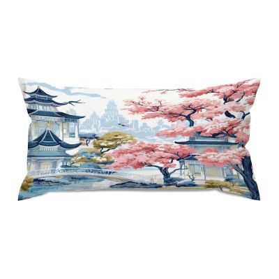Chinoiserie Pagoda White Coral Blue Asian Pillow Covers 12x24in Farmhouse Linen Cushion Covers Outdoor for Couch Chair Home Decor for Family Friends