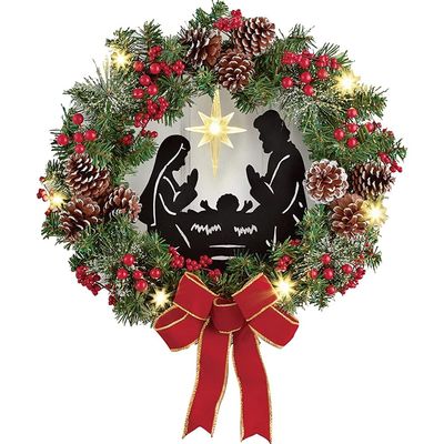 Wnvivi Prelit Nativity Wreath,Christmas Wreath for Front Door,Christmas Wreath with Jesus Silhouette LED Lights,Nativity Scene Wreath Decor(35cm/13.7Inch)