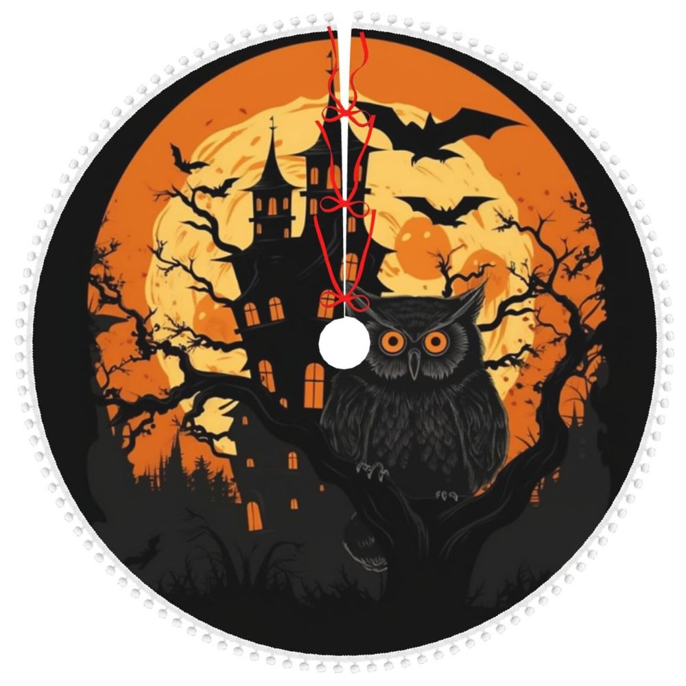 Black Tree Owl Pumpkin Head Castle Christmas Tree Skirt with Pom Trim Christmas Tree Mat Xmas Tree Skirt Ornaments Soft Xmas Tree Holiday Ornaments Christmas Tree Decorations for Home Party