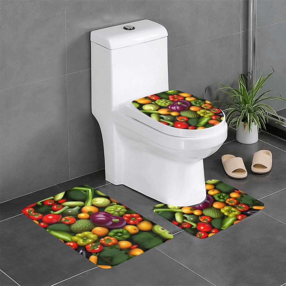 Bathroom Rug Set - Soft and Durable 3-Piece Bath Mat Set - Perfect for Bathroom, Vanity, and Guest Suites Vegetable Fruit
