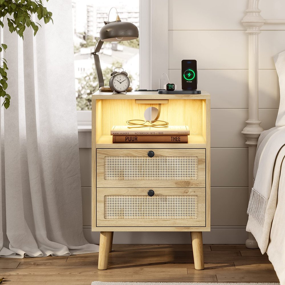 AOGLLATI Rattan Nightstand with Charging Station, LED Night Stand for Bedroom, Wood End Table with USB Ports, Boho Bedside Table with 2 Drawers, Natural