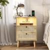 AOGLLATI Rattan Nightstand with Charging Station, LED Night Stand for Bedroom, Wood End Table with USB Ports, Boho Bedside Table with 2 Drawers, Natural view 1
