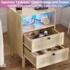 AOGLLATI Rattan Nightstand with Charging Station, LED Night Stand for Bedroom, Wood End Table with USB Ports, Boho Bedside Table with 2 Drawers, Natural view 4