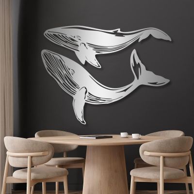 Whale Metal Wall Decor, Large Blue Whale Metal Wall Decor, Aqua Ocean Metal Wall Hanging, Nautical Coastal Home Decor, Modern Metal Wall Art, Metal Wall Art for Living Room (Silver, 47"x28" | 120x70.5 cm + 47"x16" | 120x40 cm)