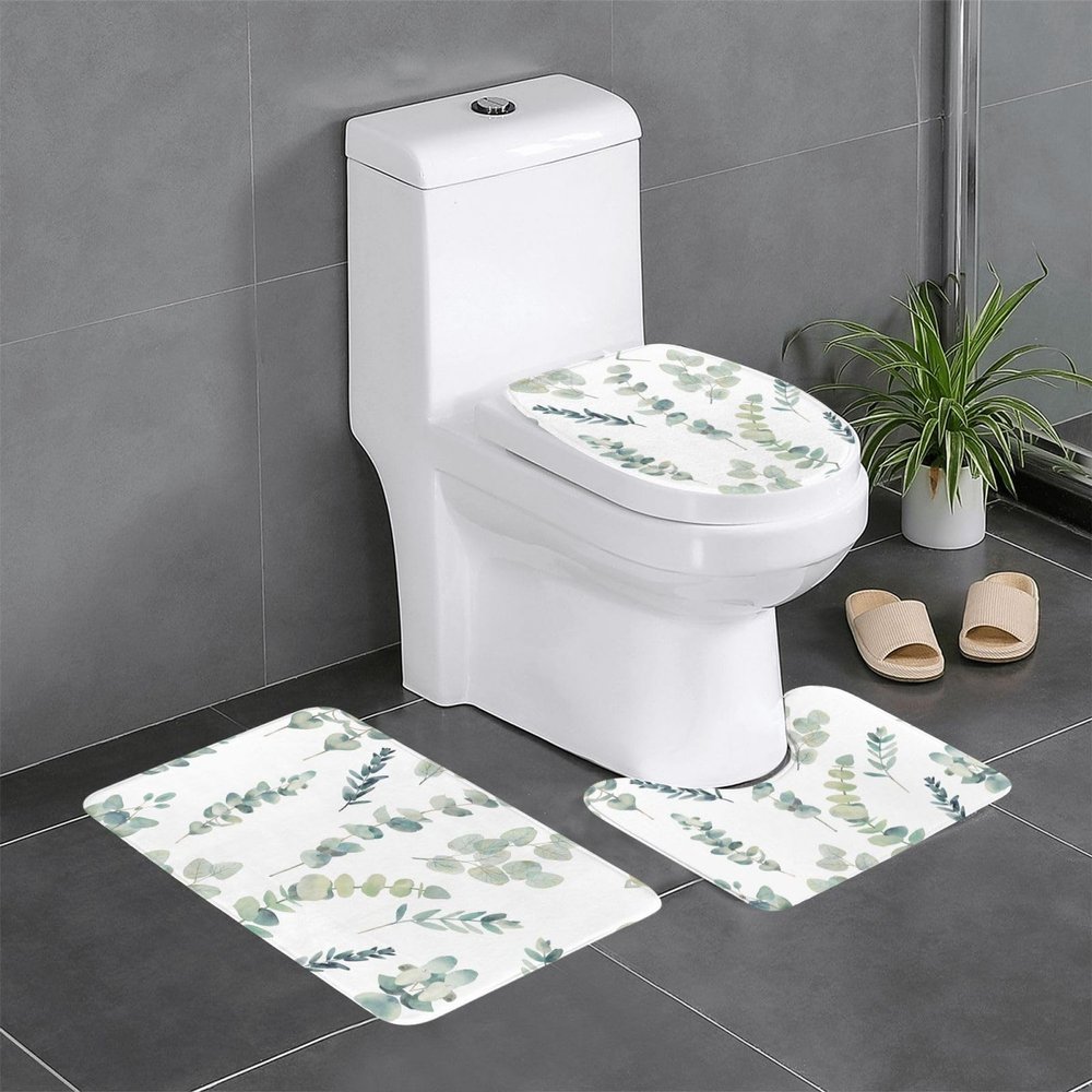 Bathroom Rug Set - Soft and Durable 3-Piece Bath Mat Set - Perfect for Bathroom, Vanity, and Guest Suites Eucalyptus Leaves