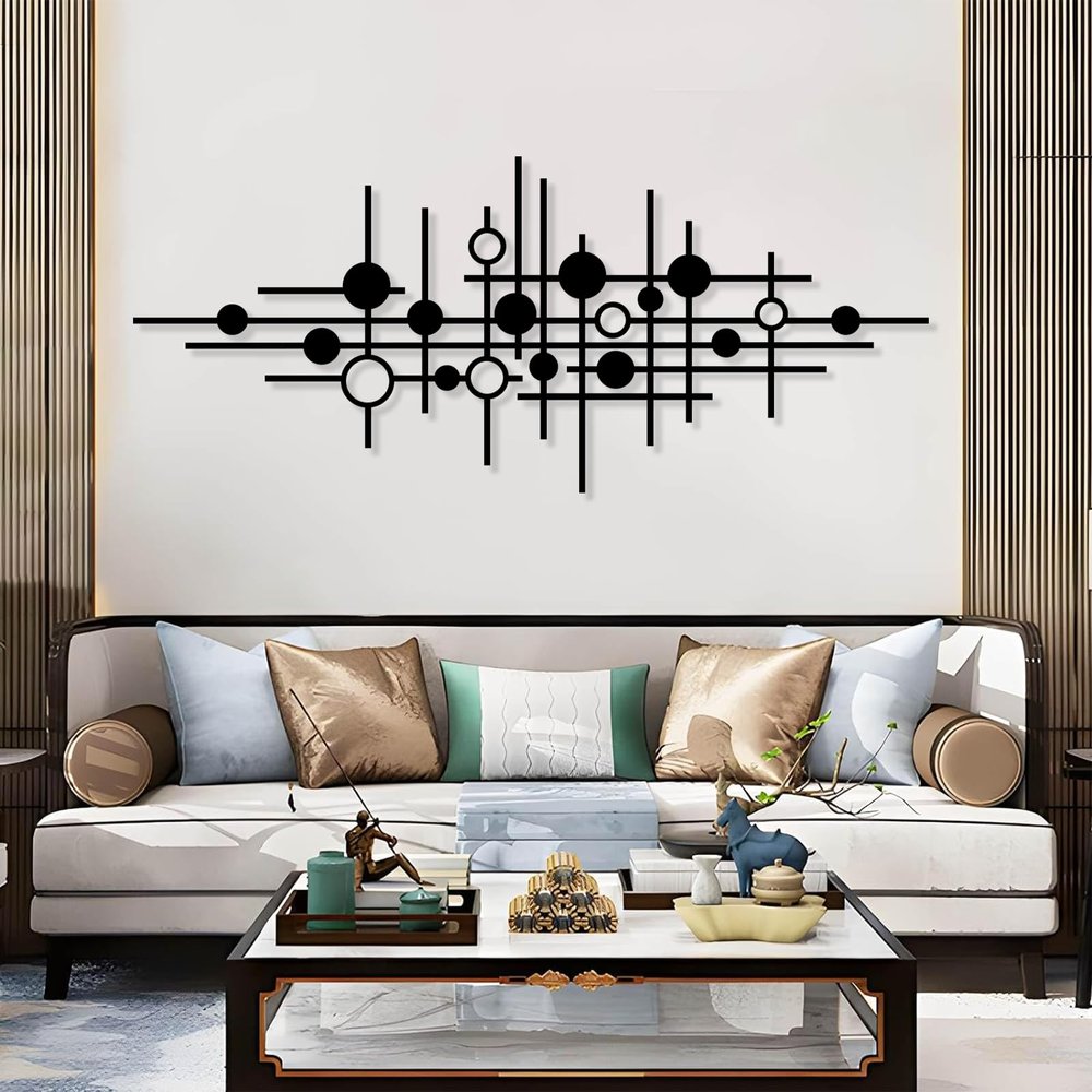 Metal Line Art Wall Decor, Metal Geometric Decor, Lines and Circles Metal Wall Art, Modern Metal Wall Art, Metal Abstract and Geometric Wall Decor, Large Metal Wall Art, Metal Wall Art for Living Room (White, 35"x15" | 90x38 cm)