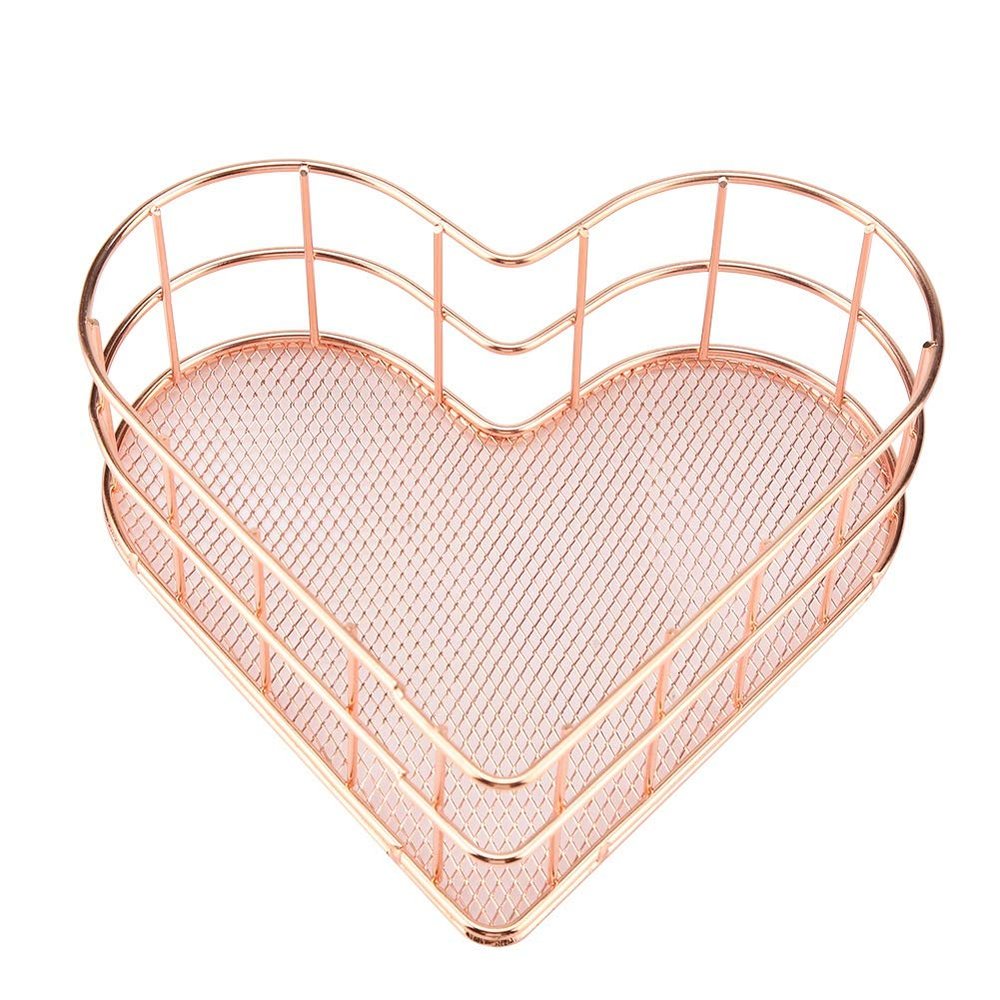 DULRLLY Metal Wire Storage Basket Heart Shape Storage Basket Desktop Organizer Container Multifunctional Small Organizer Bins Makeup Drawer Organizer Trays for Bathroom, Office,Entryway(Rose Gold)