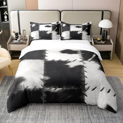 (Not Real) Cowhide 100% Cotton Duvet Cover Queen Patchwork Cow Fur Print Bedding Set for Kids Boys Girls Cow Print Comforter Cover Western Farmhouse Theme Cow Spots Quilt Cover,Black White Grey