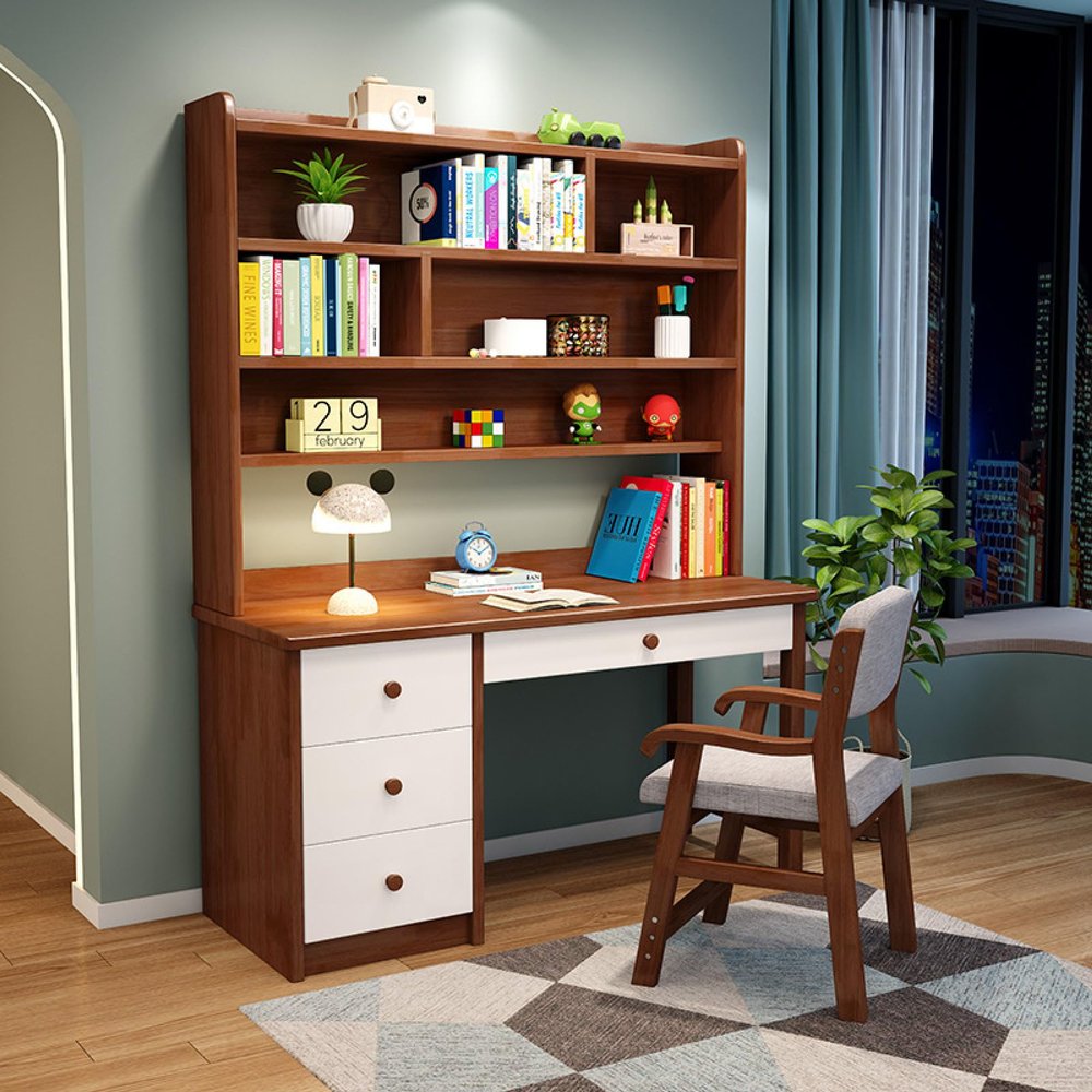 FAANAS Solid Wood Writing Desk with Storage Drawers & Bookshelf, Modern Student Study Table Computer Workstation for Home Office(39Inch, Walnut)