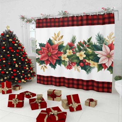 Christmas Buffalo Shower Curtain, Luxurious Flower Leaves Red Gold Green Waterproof Washable Boho Funny Cute Shower Curtains Set for Bathroom Farmhouse Bathtubs Curtains Decor Set 66"Wx72"L with Hooks
