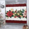 Christmas Buffalo Shower Curtain, Luxurious Flower Leaves Red Gold Green Waterproof Washable Boho Funny Cute Shower Curtains Set for Bathroom Farmhouse Bathtubs Curtains Decor Set 66"Wx72"L with Hooks view 4