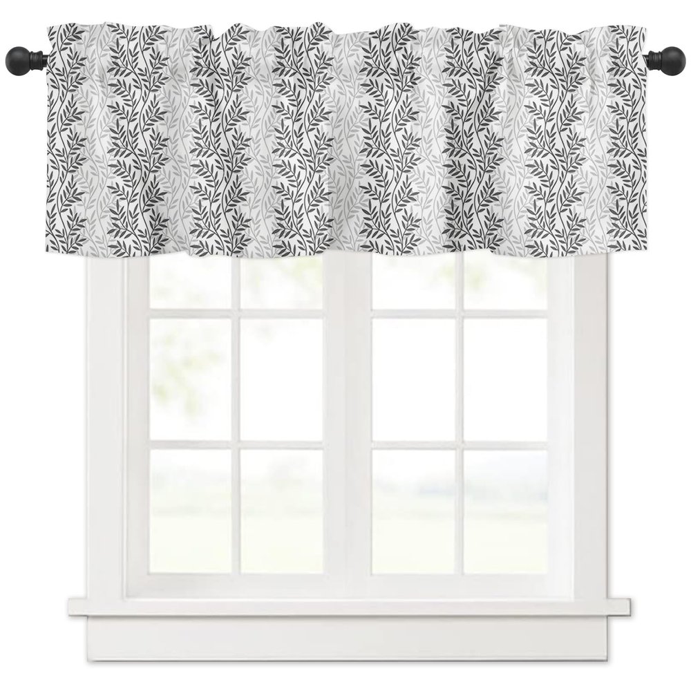 Anzona Curtain Valance 42" x 12", Gray Botanical Window Valances Rod Pocket Curtains Drapes, Pastoral Spring Summer Leaf Aesthetics Short Topper Curtain for Kitchen Cafe Living Room, 1 Panel