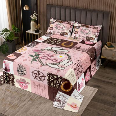 Cowgirls Quilt Set King Romantic Western Bedspread Set For Women Boho Arrows Feather Rose Bull Skull Cowgirl Hat Coverlet Set American Horseshoe Cactus Desert Texas Stars Pink Brown Bed Set