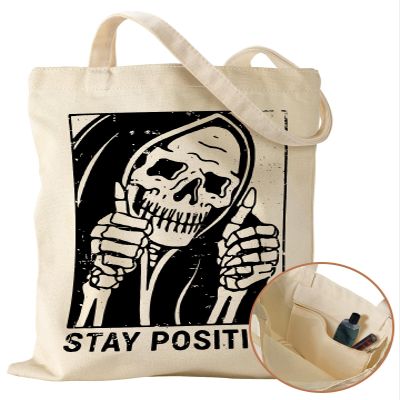 Miss Adola Aesthetic Canvas Tote Bag with Inner Pocket for Women Unique Funny Pattern Design Casual Sturdy Cloth Cotton Totes Bag with Pattern for Vacation, Shopping, Work, Gym, Positive Skull