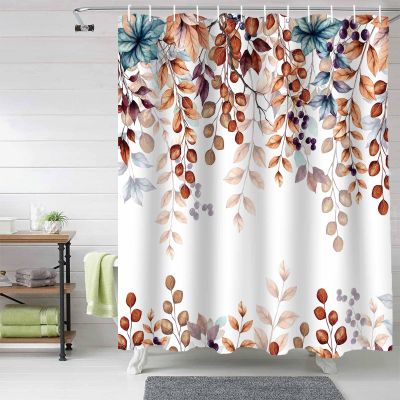 Anzona Fall Orange Leaves Shower Curtains Set - Small 36 x 72 Inch, Thanksgiving Rustic Autumn Shower Curtain Waterproof, Blue Leaf Polyester Fabric Bathroom Curtain with 12 Hooks, 1 Panel