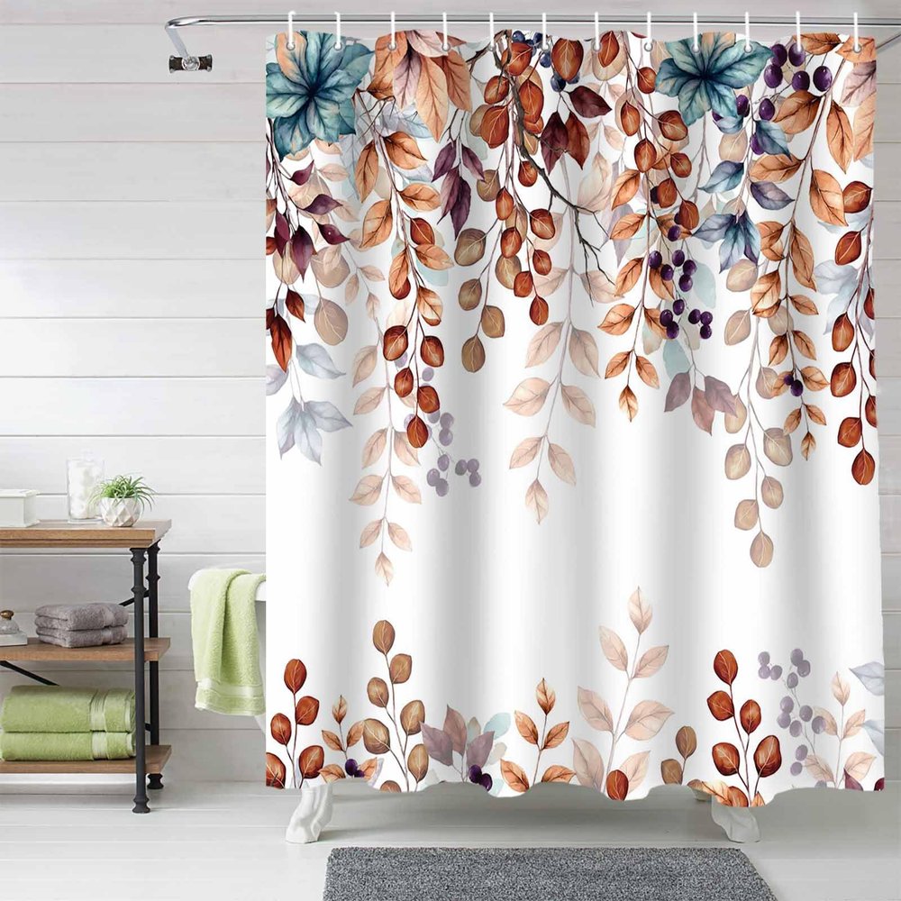 Anzona Fall Orange Leaves Shower Curtains Set - Small 36 x 72 Inch, Thanksgiving Rustic Autumn Shower Curtain Waterproof, Blue Leaf Polyester Fabric Bathroom Curtain with 12 Hooks, 1 Panel