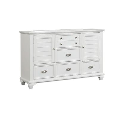Benjara BM304792 61 in. Jims 2 Cabinets 5 Drawers Cup Handles Wood Dresser Crisp White