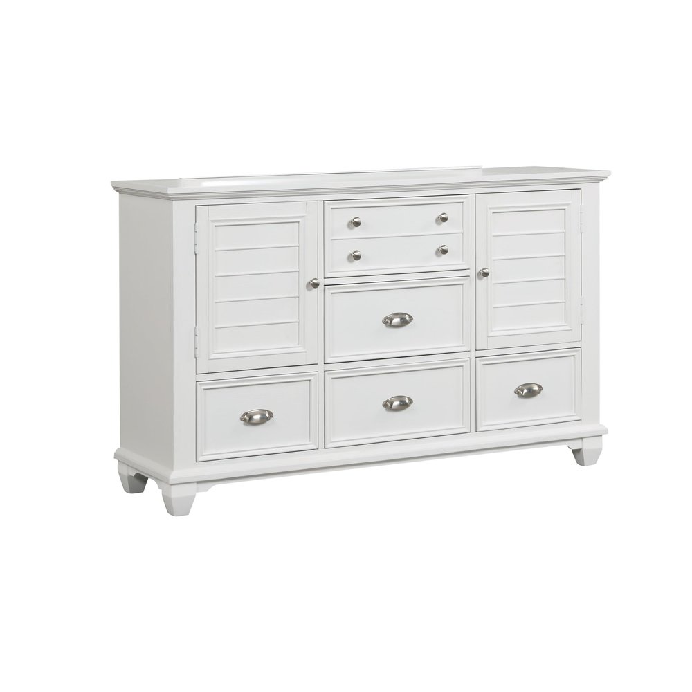 Benjara BM304792 61 in. Jims 2 Cabinets 5 Drawers Cup Handles Wood Dresser Crisp White