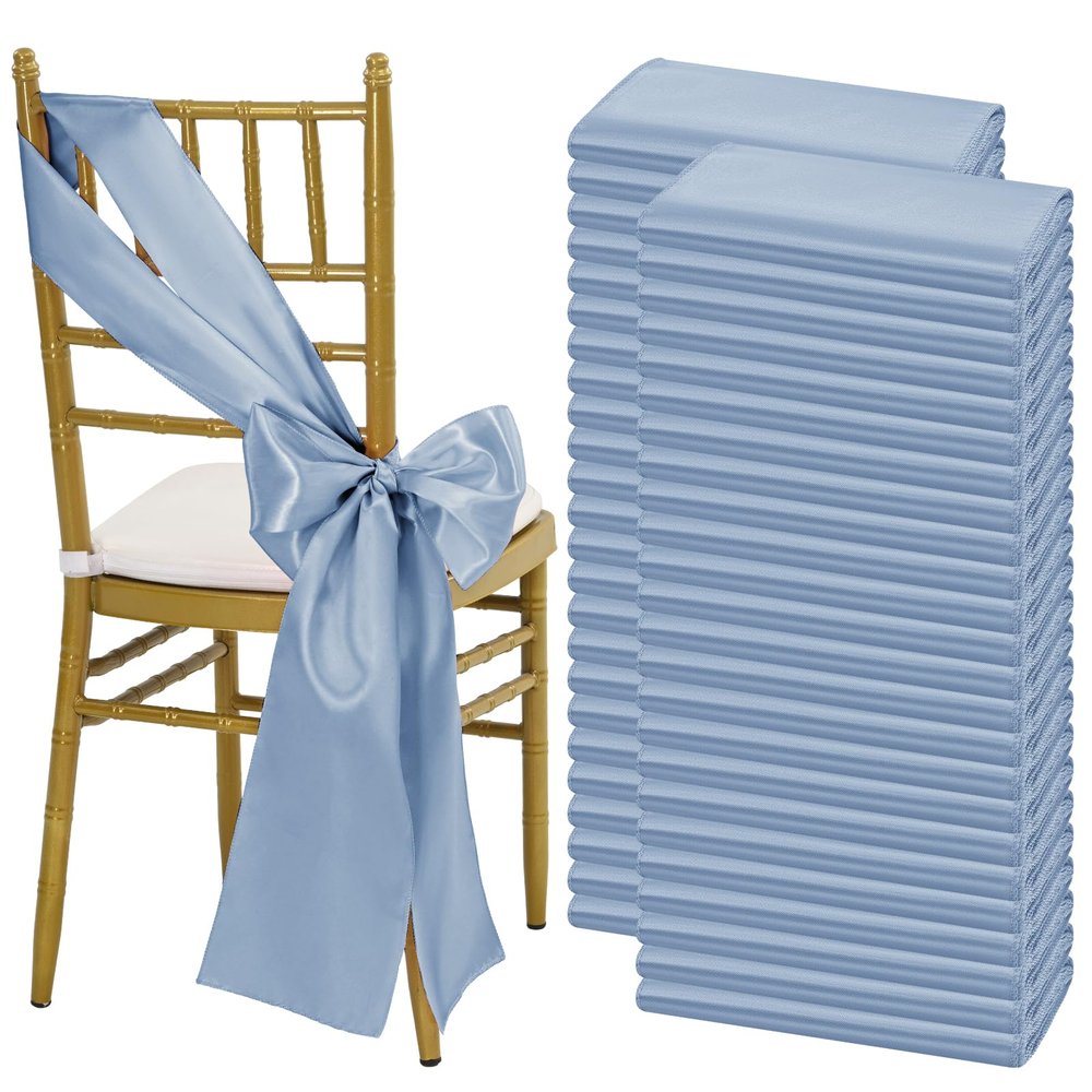 LOKUME 100 PCS Satin Chair Sashes Bows, Dusty Blue Ribbon Ties Back Sash Bow Decorative for Wedding Birthday Banquet Party Hotel Event Chair Cover Decoration (7 x 108 Inch)