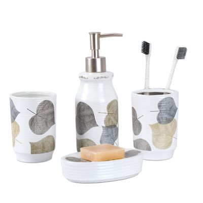 RUTAVM Countertop Bathroom Accessories Set, 4-Piece Ceramic Bathroom with Lotion Dispenser, Mouthwash Cup, Vanity Tray, Soap Dish and Toothbrush Holde
