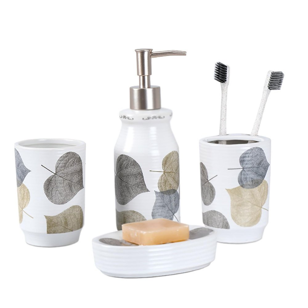 RUTAVM Countertop Bathroom Accessories Set, 4-Piece Ceramic Bathroom with Lotion Dispenser, Mouthwash Cup, Vanity Tray, Soap Dish and Toothbrush Holde