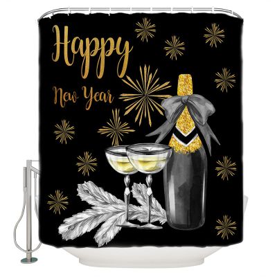 PIEPLE Happy New Year Shower Curtain, Black Gold Silver Waterproof Washable Boho Funny Cute Shower Curtains Set for Bathroom Farmhouse Bathtubs Curtains Decor Set 48" Wx72 L with Hooks