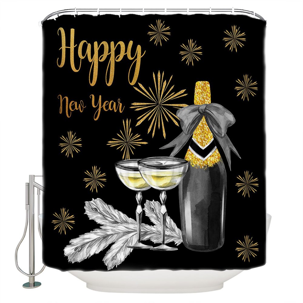 PIEPLE Happy New Year Shower Curtain, Black Gold Silver Waterproof Washable Boho Funny Cute Shower Curtains Set for Bathroom Farmhouse Bathtubs Curtains Decor Set 48" Wx72 L with Hooks