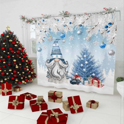 Christmas Shower Curtain, Winter Gnomes Xmas Silver Tree Pine Blue Waterproof Washable Boho Funny Cute Shower Curtains Set for Bathroom Farmhouse Bathtubs Curtains Decor Set 72"Wx84"L with Hooks