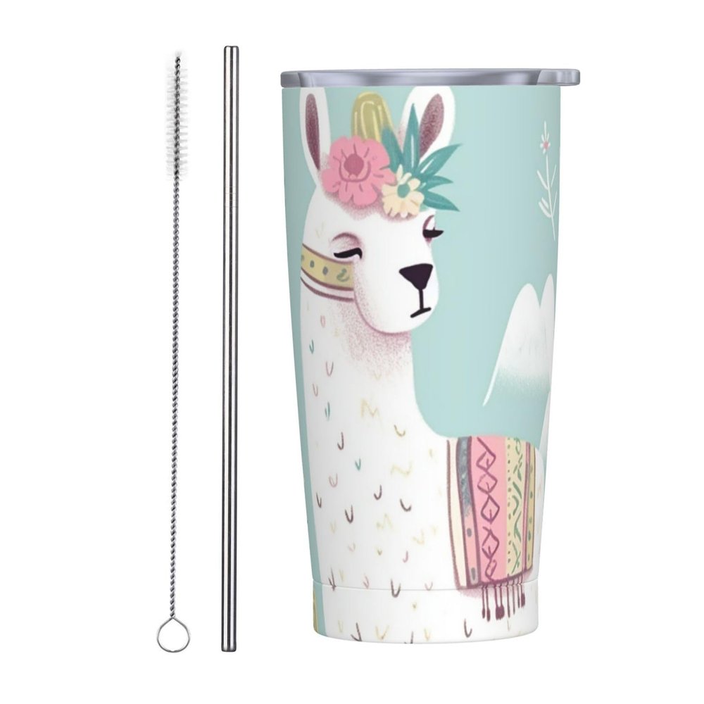 LZQPOEAS 20 oz Stainless Steel Tumbler with Straw and Lid Vacuum Tumbler cup Cute Hand Drawn Llama Insulated Tumblers Double Wall Insulated Cup for Coffee Slim Travel Coffee Mug for Home Office