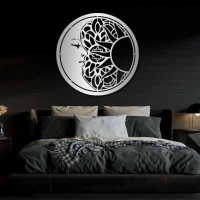 Cadeali Metal Wall Art, Sun and Moon, Sliver, 23"x23", Wrought Iron, Eclectic, Wall Decor