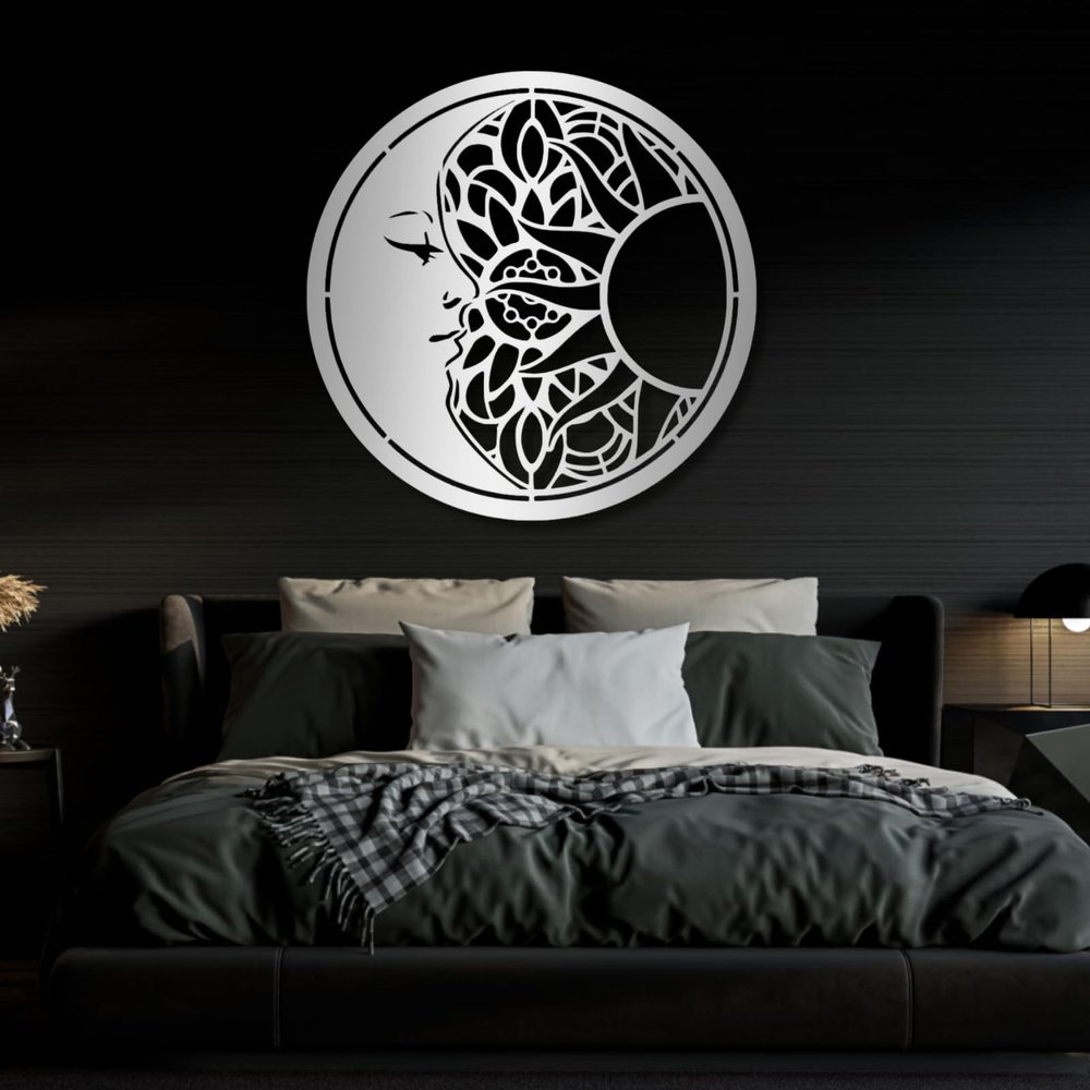 Cadeali Metal Wall Art, Sun and Moon, Sliver, 23"x23", Wrought Iron, Eclectic, Wall Decor