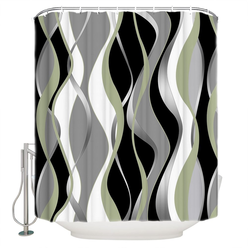 Sage Green Stripes Shower Curtain, Modern Geometric Black Grey White Waterproof Washable Boho Funny Cute Shower Curtains Set for Bathroom Farmhouse Bathtubs Curtains Decor Set 54"Wx78"L with Hooks