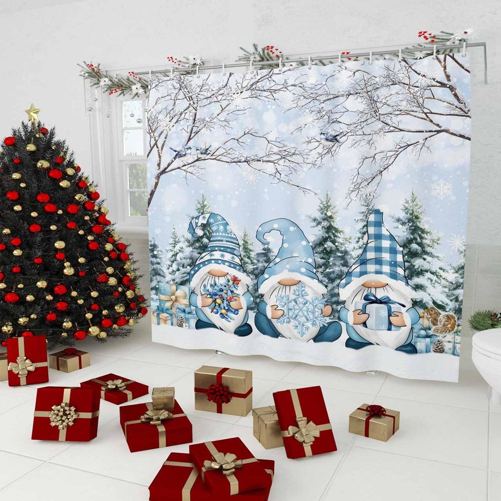 PIEPLE Gnomes Blue Shower Curtain, Christmas Forest Winter Tree Branch Waterproof Washable Boho Funny Cute Shower Curtains Set for Bathroom Farmhouse Bathtubs Curtains Decor Set 60" Wx72 L with Hooks