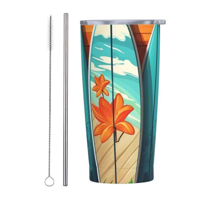 LZQPOEAS 20 oz Stainless Steel Tumbler with Straw and Lid Vacuum Tumbler cup Surfboard on Wooden Insulated Tumblers Double Wall Insulated Cup for Coffee Slim Travel Coffee Mug for Home Office
