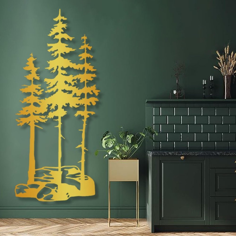 Cadeali Pine Tree Metal Wall Art, Metal Pine Tree Art, Rock Wall Decor, Nature Forest Decorations, Farmhouse Decorations, Nature Artwork, Living Room Decor (Gold, 24"x10" | 60x26.5 cm)