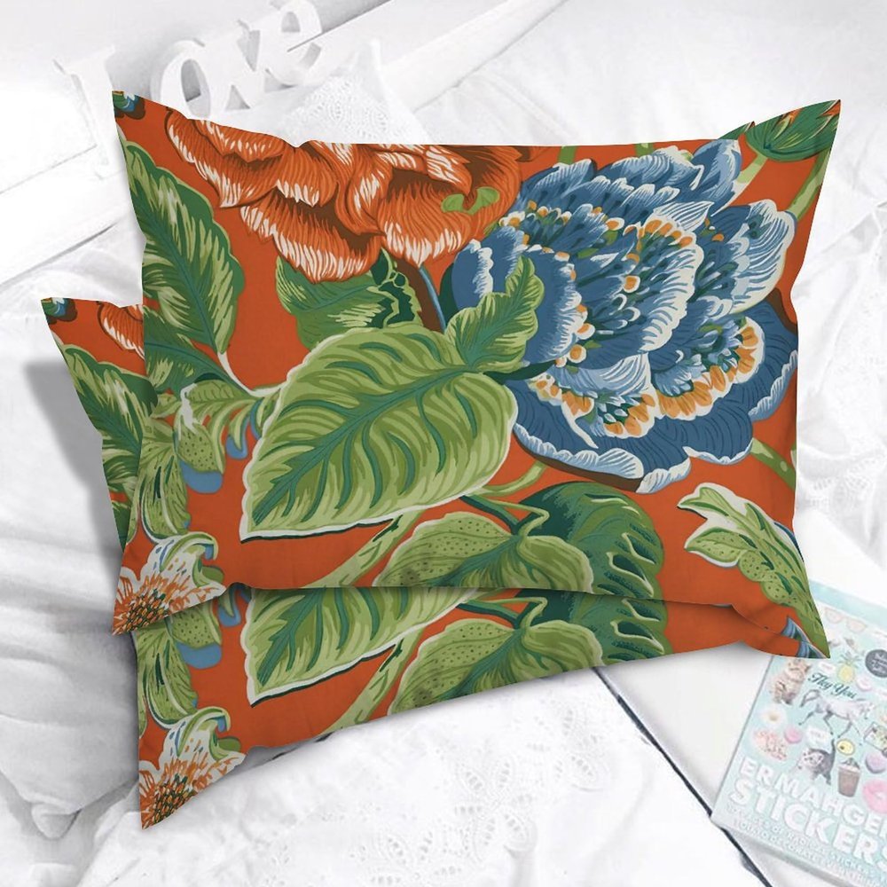 MangGou Chinoiserie Peony Chinese Floral Pillow Case Orange and Navy Lumbar Throw Pillow Covers Set of 2 Asian Inspired Cushion Cover 20x26in Accent Body Pillowcase Decor for Couch Sofa Bed Car