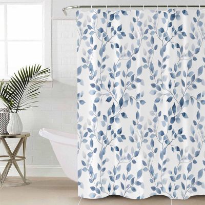 Blue Leaves Shower Curtain, Watercolor Gradient Botanic Vintage Art Waterproof Washable Boho Funny Cute Shower Curtains Set for Bathroom Farmhouse Bathtubs Curtains Decor Set 60"Wx72"L with Hooks