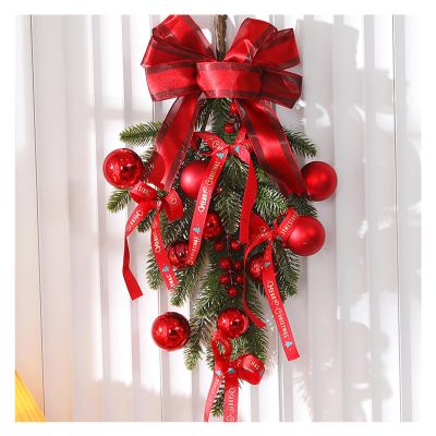 Christmas Decoration with Lights Garland Door Hanging, Christmas Upside Down Tree Half Face Tree, Rattan Wall Hanging Christmas Decoration Dress Up Items