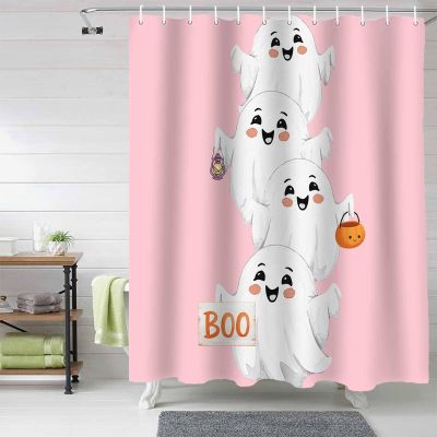 Anzona Pink Halloween Ghosts Shower Curtains Set - Long 72 x 84 Inch, Cute Ghost Shower Curtain Waterproof, Halloween Polyester Fabric Bathroom Curtain with 12 Hooks, Bathroom Accessories, 1 Panel