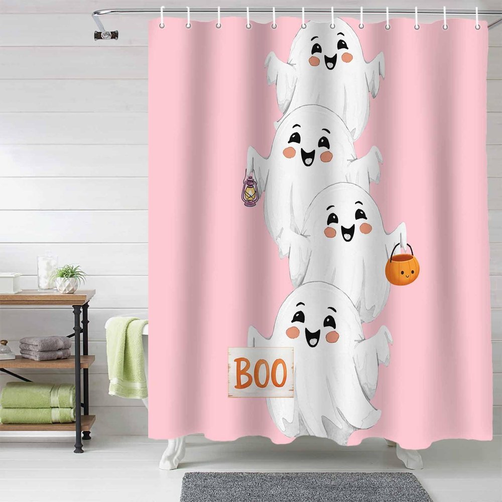 Anzona Pink Halloween Ghosts Shower Curtains Set - Long 72 x 84 Inch, Cute Ghost Shower Curtain Waterproof, Halloween Polyester Fabric Bathroom Curtain with 12 Hooks, Bathroom Accessories, 1 Panel