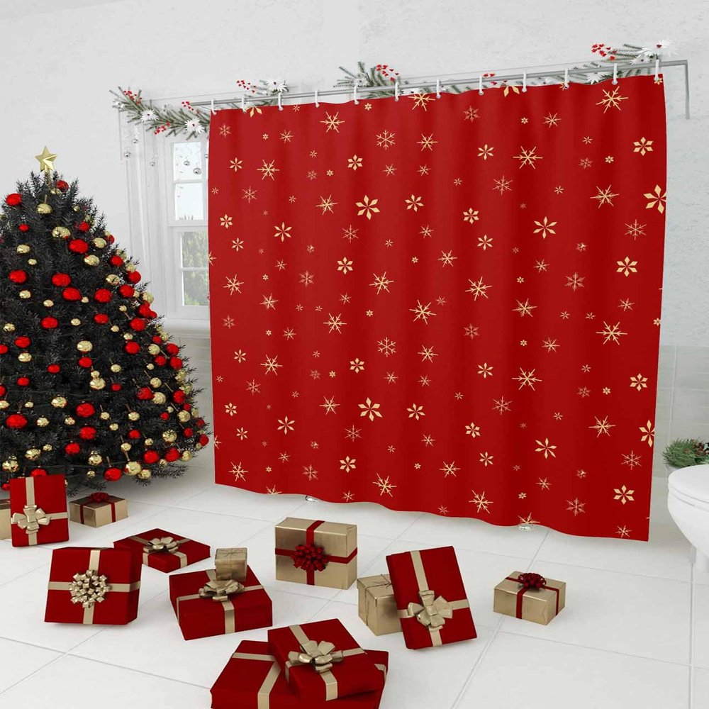 Christmas Snowflake Shower Curtain, Xmas Red Gold Winter Holiday Waterproof Washable Boho Funny Cute Shower Curtains Set for Bathroom Farmhouse Bathtubs Curtains Decor Set 72"Wx72"L with Hooks