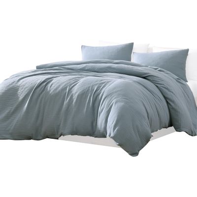 Benjara Uvi 3 Piece Queen Comforter Set, Cotton, Natural Crinkled Texture, Blue