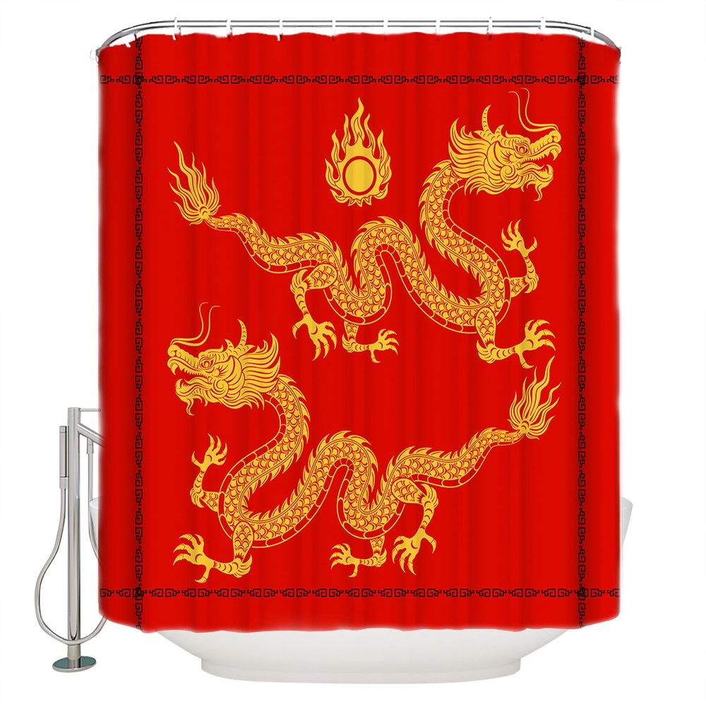 Chinese Shower Curtain, Original Traditional Oriental Dragon New Year Waterproof Washable Boho Funny Cute Shower Curtains Set for Bathroom Farmhouse Bathtubs Curtains Decor Set 72"Wx84"L with Hooks