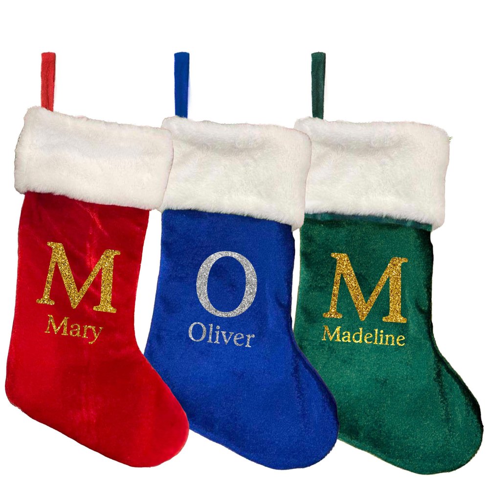 Printualist Custom Christmas Monogram Stockings - 20 Inches - Personalized Initial Xmas Stockings with Your Name - Velvet Stockings with White Plush - 4 Pack
