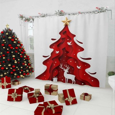 Xmas Tree Shower Curtain, Christmas Contemporary Red Deer Star Bird Waterproof Washable Boho Funny Cute Shower Curtains Set for Bathroom Farmhouse Bathtubs Curtains Decor Set 48"Wx72"L with Hooks