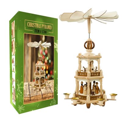 USA SUPREME German Style Christmas Pyramid Carousel Decoration  17.5 Inches - Wood Nativity Scene Set -Table Top Holiday Decor - 6 Candle Holders - of German Design.