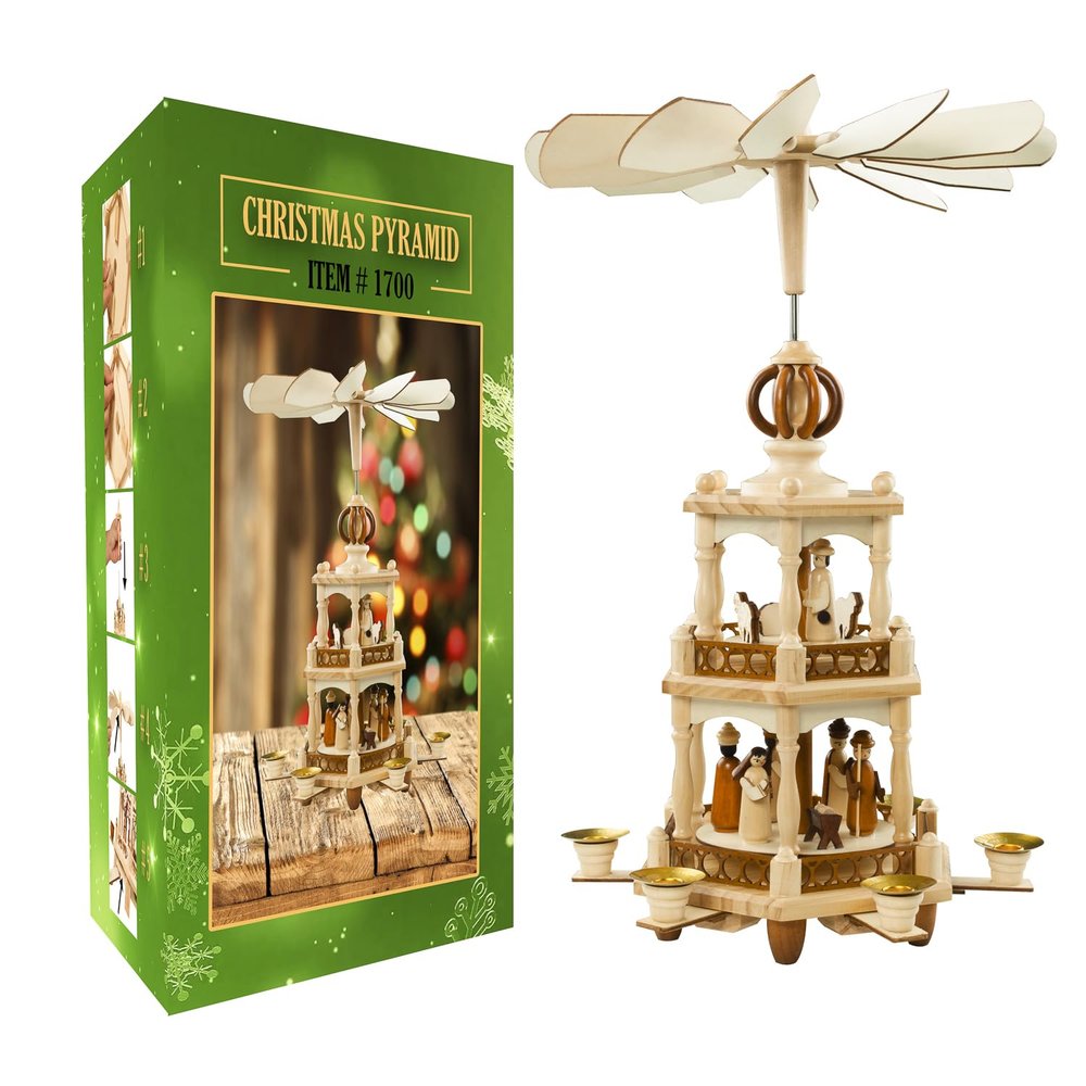 USA SUPREME German Style Christmas Pyramid Carousel Decoration  17.5 Inches - Wood Nativity Scene Set -Table Top Holiday Decor - 6 Candle Holders - of German Design.