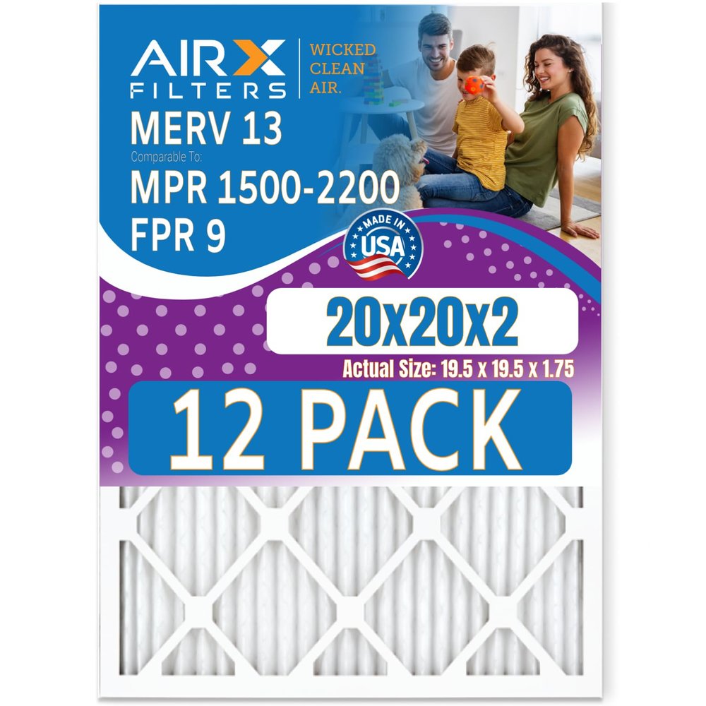 20x20x2 Air Filter MERV 13 Rating, 12 Pack of Furnace Filters Comparable to MPR 1500-2200 & FPR 9 - Made in USA by AIRX FILTERS WICKED CLEAN AIR.