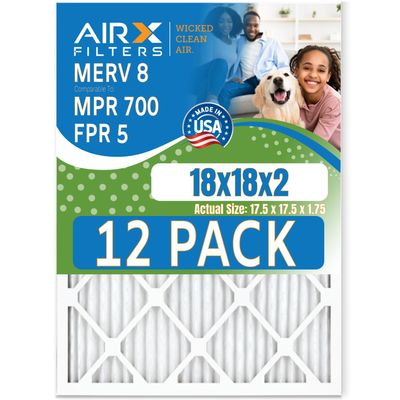 18x18x2 Air Filter MERV 8 Rating, 12 Pack of Furnace Filters Comparable to MPR 700 & FPR 5 - Made in USA by AIRX FILTERS WICKED CLEAN AIR.
