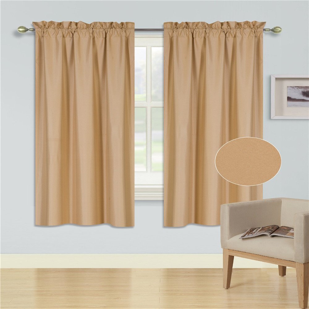 1 Set Window Curtain Smooth Microfiber Texture Solid Lined Rod Pocket Blackout 63" R64 (Gold Honey)